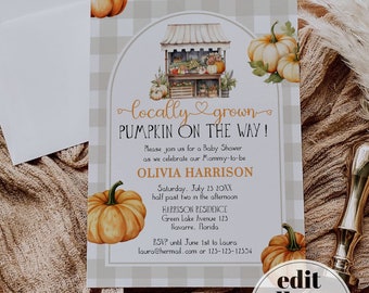 Fall Farmers Market Baby Shower Invitation Template, Locally Grown Pumpkin Gender Neutral 003LG-BSINV