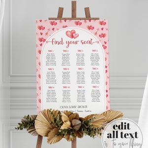 Bewerkbaar tafelschikkingsschema voor Valentijnsdag | Liefje zitbord met roze en rode harten voor Valentijnsdag, babyshower of eerste verjaardag #068