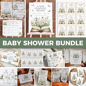 May include: A baby shower bundle featuring various stationery items with a floral and butterfly theme. Includes signs, banners, cards, and a calendar. The text "A New Chapter Begins" is visible on several items. The overall color scheme is soft and pastel.