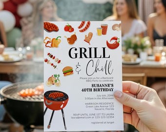 Backyard BBQ Birthday Invitation, Grill and Chill Cookout Party for Summer, Editable Digital 073BBQ-BINV