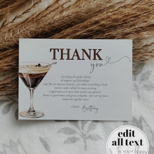 Cartão de agradecimento Espresso Martini, Nota de agradecimento editável Coffee Martini, Modelo de decoração para festa de clube de coquetéis sociais nº 072