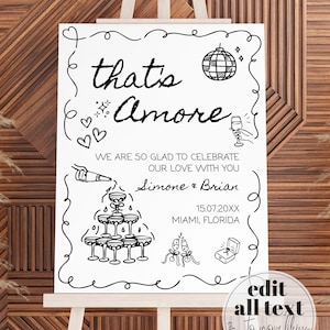Das ist Amore - Handgezeichnetes Hochzeit Willkommensschild mit Champagner-Turm und Discokugel für Quirky Funky Decor, Vorlage #070 für Hochzeit