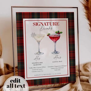 Menu baru Signature Drinks Bar, znak na świąteczny bar koktajlowy na świąteczne przyjęcie robocze, edytowalny szablon menu koktajli XMAS do wydrukowania nr 068