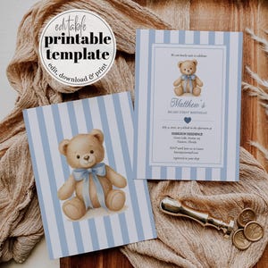 May include: Two baby shower invitations with a teddy bear illustration. The invitations feature a light blue and white striped background. One invitation has the text "editable printable template". The other invitation has the text "Matthew's Beary First Birthday".