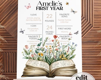 Storybook First Birthday Milestone Sign, Chapter One My First Year Board Template 077ST-MISI