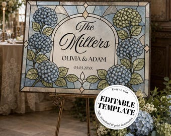 Last Name Wedding Sign, Blue Hydrangea Faux Stained Glass Floral Keepsake Canva Template 035HYD-WLCM