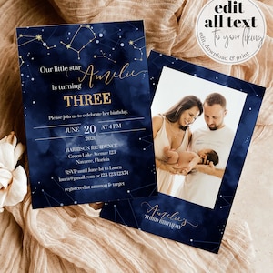 Moon Birthday Invitation Template for Galaxy Stars Party | Celestial First Birthday Kids Invite | Written in the Stars, Twinkle Twinkle #066