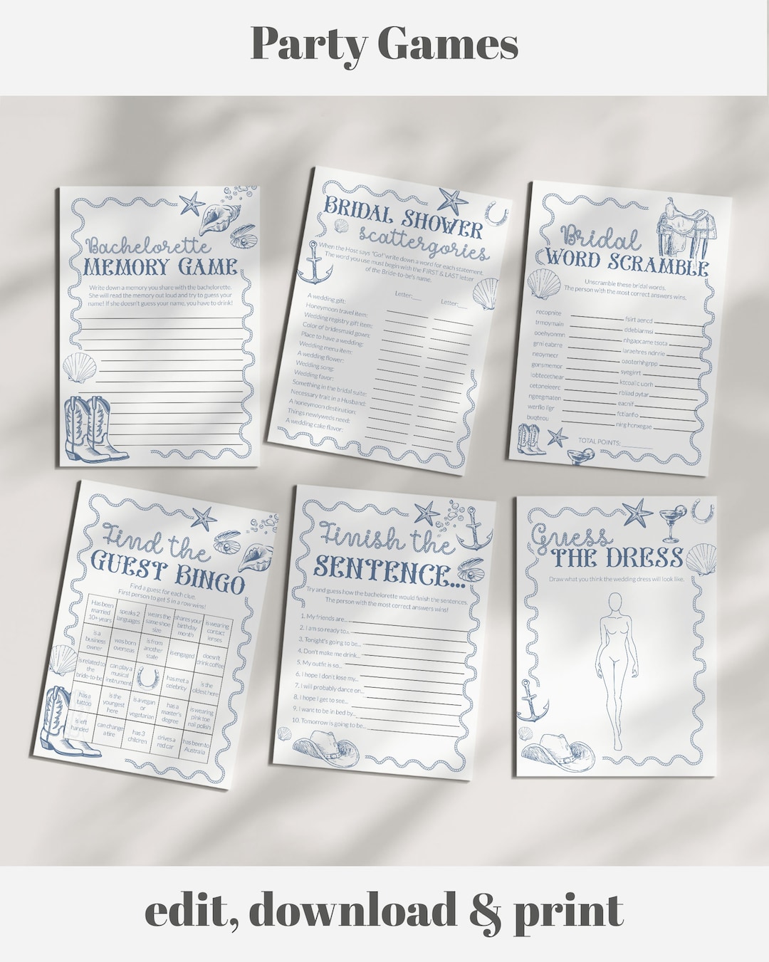 Coastal Cowgirl Nautical Bachelorette Party Games, Beach Bridal Shower ...
