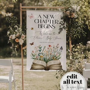 Storybook Baby Shower Wall Tapestry New Chapter Begins Linen Fabric Welcome Sign Printable Once upon a time Book Shower Decor Template #072