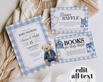 Baby Shower Invitation Template, Denim Teddy Bear Gingham theme, Digital Download 013JE-BSINV
