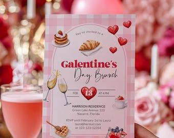 Galentine’s Day Brunch Invitation Template, Valentine Tea Party Invite, Croissant Breakfast Club 003CH-GALINV