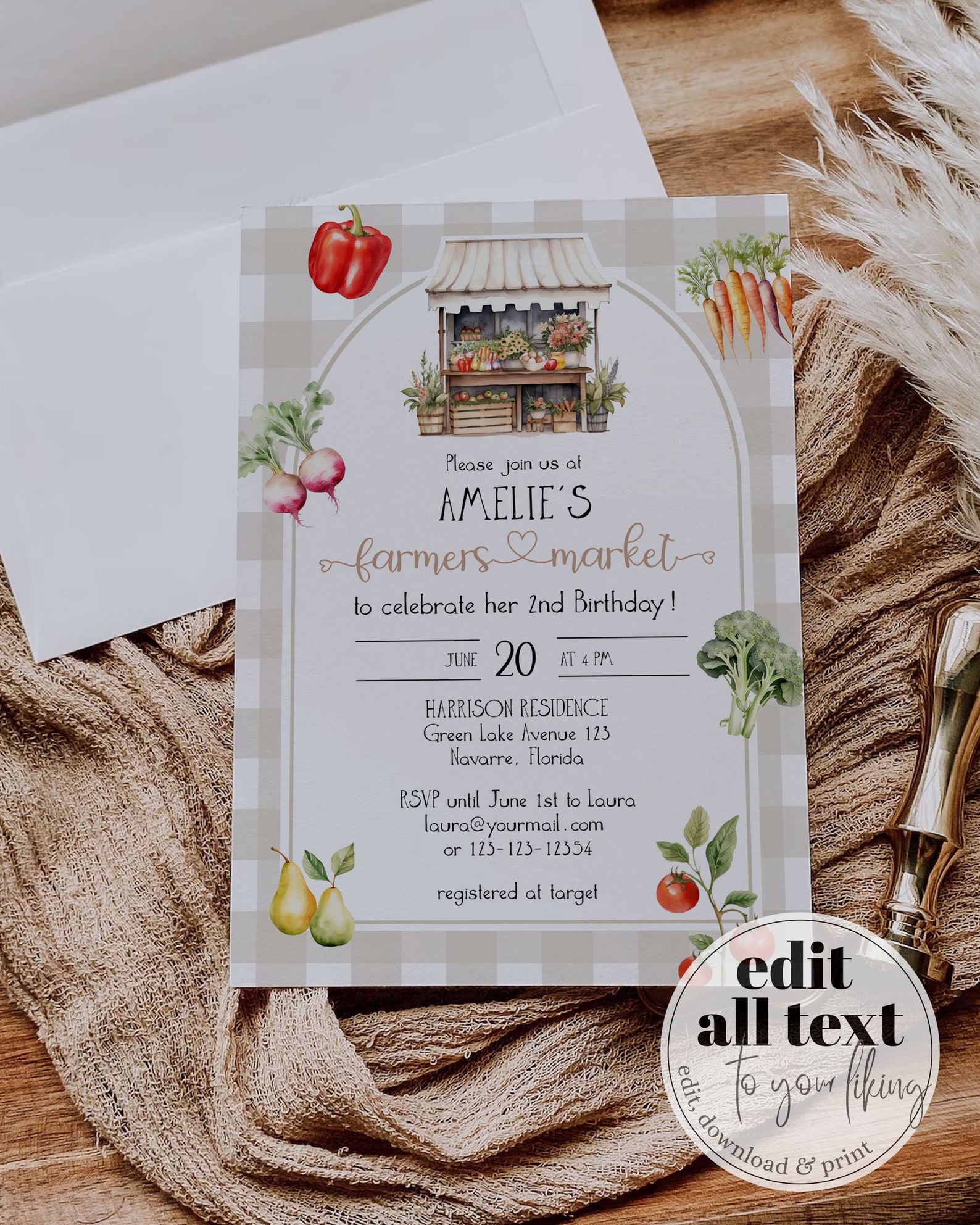 Market 1st Birthday Invitation, Farming Birthday Invite, Gender Neutral Farmers Market Locally Grown freshly picked fruits veggies #068
