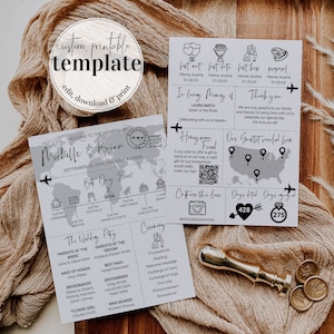 May include: A printable wedding invitation template with a travel theme. The invitation features a map of the world with a plane flying over it. The text on the invitation includes the couple's names, wedding date, and location. The invitation also includes a timeline of wedding events, a list of the wedding party, and a section for wedding ceremony details. The invitation is decorated with a gold wax seal.