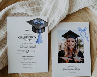Class of 2026 Graduation Invitation, Blue Tassel Bow Grad Party Template 023GRAD-INV