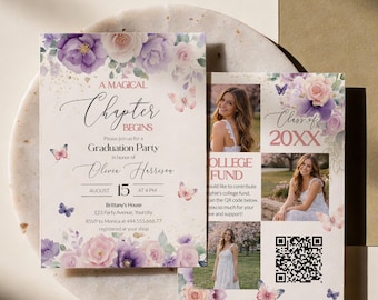 Floral Grad Invite Template, Purple Butterfly Graduation Party Card, Senior Photo Announcement Keepsake 023EN-GRINV