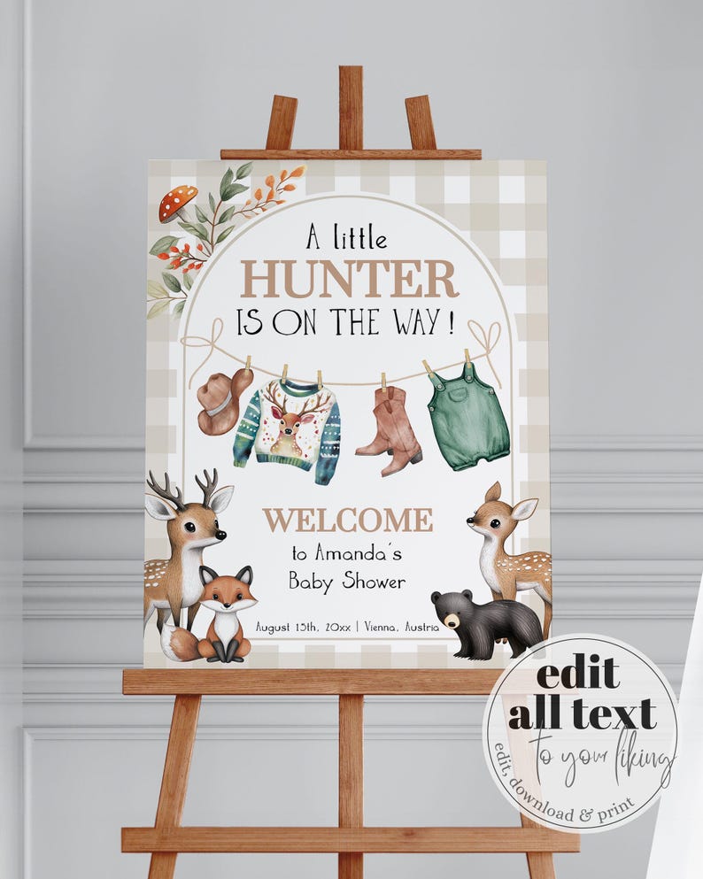 Little Hunter Welcome Sign Template, Forest Animals Clothesline Baby ...