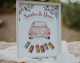 Money Gift for Wedding or Honeymoon | Editable Wedding Gift Newlyweds: Pink Wedding Car with Money and Greenery | Printable Template #075