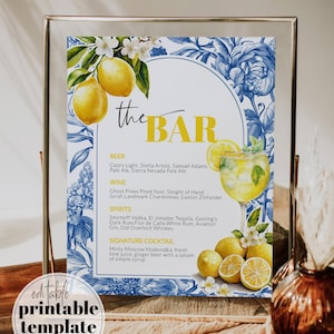 Modelo de menu de bar Citrus Limoncello Spitz, menu de coquetéis para chá de panela Lemon Amalfi Coast Positano ou casamento mediterrâneo #072