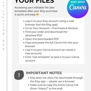 Pode incluir: Um gr&aacute;fico branco com o texto "HOW TO ACCESS YOUR FILES" e instru&ccedil;&otilde;es para acessar um modelo comprado no Etsy. Inclui um logotipo Canva e notas importantes sobre o download de arquivos.