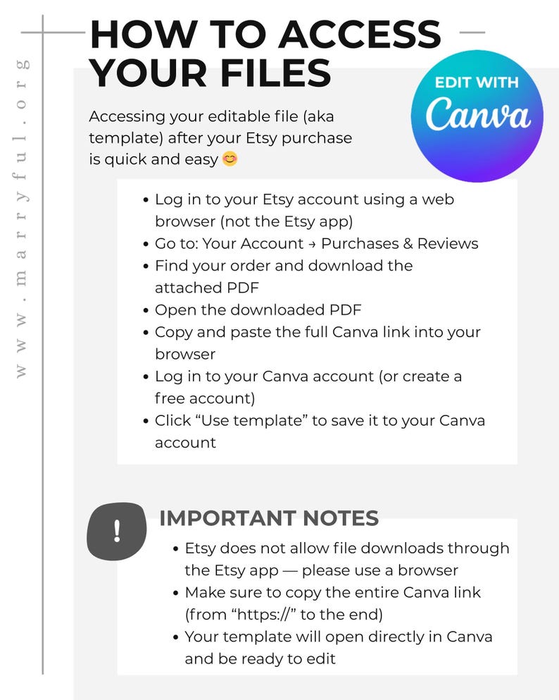 Pode incluir: Um gr&aacute;fico branco com o texto "HOW TO ACCESS YOUR FILES" e instru&ccedil;&otilde;es para acessar um modelo comprado no Etsy. Inclui um logotipo Canva e notas importantes sobre o download de arquivos.