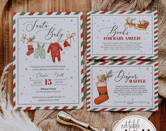 May include: Christmas-themed baby shower invitations and inserts. The main invitation reads "Santa Baby" with baby clothes illustrations. Additional cards include "Books for Baby Amelie" and "Diaper Raffle". A gold wax seal is also present.