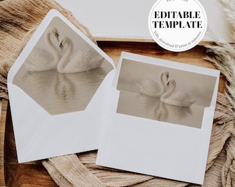 Swan Envelope Liner Template, Vintage Fine Art Wedding Invitation Insert, Romantic Printable A7 Liner