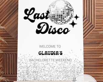 Last Disco Bridal Shower Welcome Sign, Retro Silver Disco Ball Groovy 70s Template 065D-WLCM