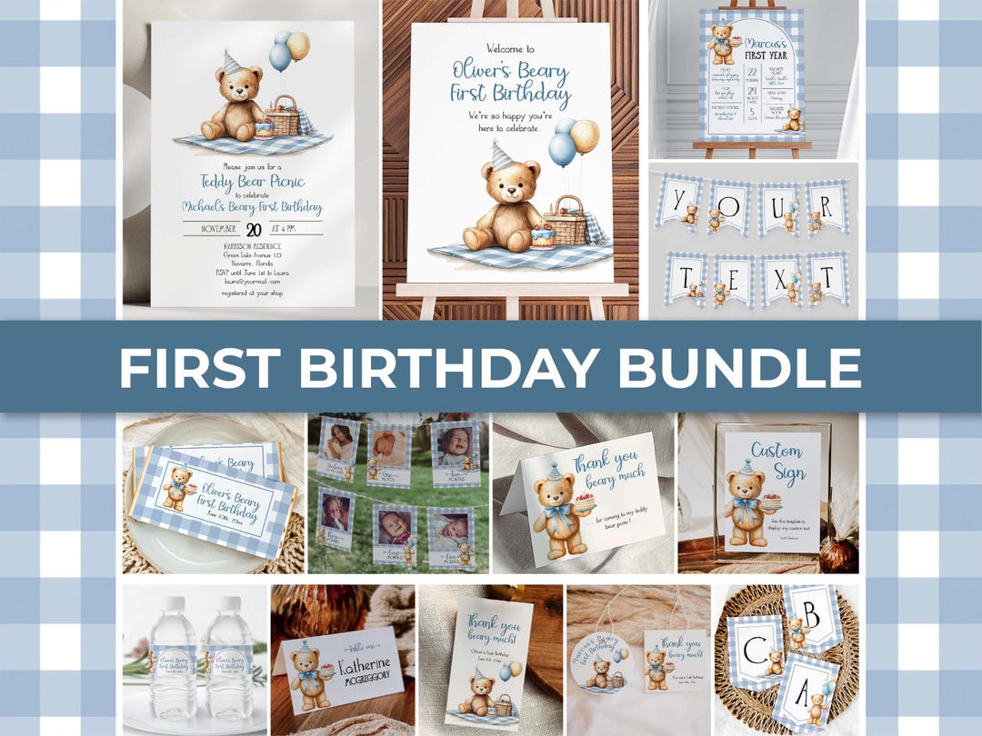 Teddy Bear Picnic First Birthday Bundle, Blue Gingham Party Templates ...