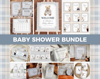 Blue Baby Shower Bundle, Preppy Teddy Bear Invite + Decor Template, Digital Download 068BL-BSBUNDLE