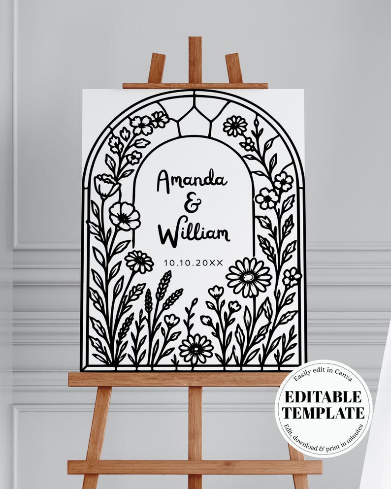 Pode incluir: Uma placa de casamento branca em um cavalete de madeira, com um design de arco floral preto. A placa exibe os nomes "Amanda & William" e a data "10.10.20XX". O canto inferior direito inclui o texto "EDITABLE TEMPLATE".
