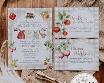 Farmers Market Twin Baby Shower Invitation, Veggie Clothesline Locally Grown Template 003LG-TWBSINV