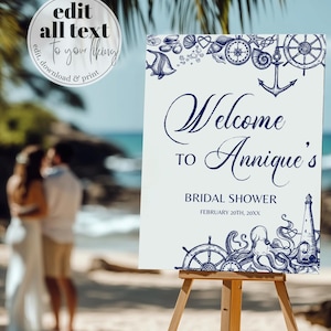 Nautical Bridal Shower Welcome Sign, Marine Sign for Ocean Beach Themed Bachelorette Party Printable Template Beach Wedding Decorations #071