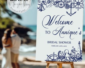 Nautical Bridal Shower Welcome Sign, Marine Sign for Ocean Beach Themed Bachelorette Party Printable Template Beach Wedding Decorations #071