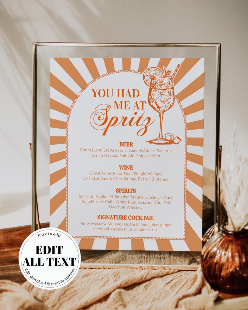 Italian Spritz Bar Menu, Citrus Cocktail Sign, Editable Printable Summer Party Decor Template 027AS-BAME imagem 13