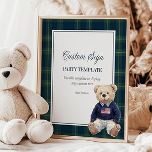 Vintage Polo Teddy Bear Custom Sign for Baby Shower Decorations Boys or Girls Luxury Bear Baby Shower Editable Sign Template #068 - TheLovebirdsDesign