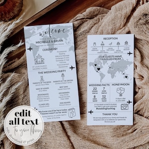 May include: A wedding invitation featuring a world map design. The invitation includes the names Michelle and Brian, the wedding date, and the location. The invitation also includes a list of wedding facts and a honeymoon destination.