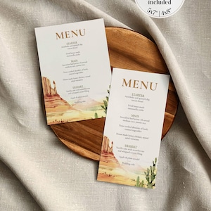 Cartes de Menu de mariage dans le désert, téléchargement de modèle de Menu de mariage Boho, décoration de mariage Western #064