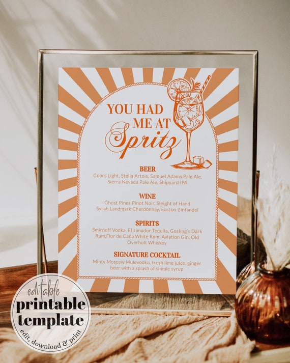 Aperol Spritz Bar Menu Template, You Had Me at Spritz Cocktail Sign 027AS-BAME