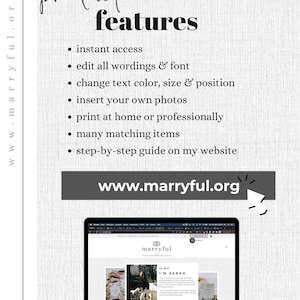 May include: A laptop displays a website with the text "marryful" and "I'M SARAH". The image highlights product features: instant access, editing options, photo insertion, and printing choices. The website address www.marryful.org is also visible.