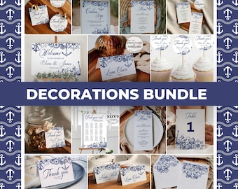 May include: A set of nautical themed wedding decorations in blue and white. The set includes a welcome sign, place cards, table numbers, menus, thank you cards, and cupcake toppers. The decorations feature anchors, ropes, and other nautical elements.