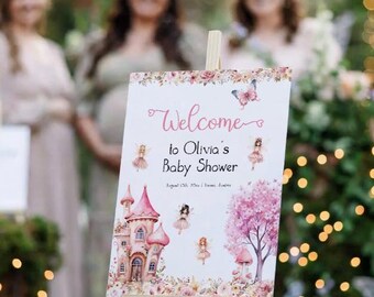 Pink Fairy Baby Shower Welcome Sign, Enchanted Fairy Theme Poster 023FA-WLCM