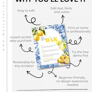 Limoncello Spritz Bar Menu Template, Citrus Lemon Amalfi Coast Bridal Shower Sign 102LE-BAME image 2