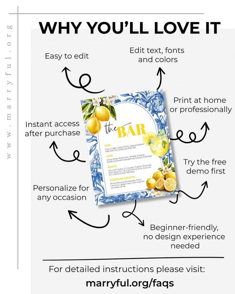 Limoncello Spritz Bar Menu Template, Citrus Lemon Amalfi Coast Bridal Shower Sign 102LE-BAME image 2