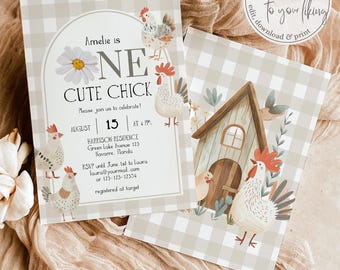 Faire-part pour le premier anniversaire d&#39;un poussin mignon, invitation pour 1er anniversaire de sexe neutre sur le thème de poulet, inviter des animaux de la ferme mignon modèle imprimable #068