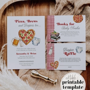 Pizza Brews and Diapers too Baby Shower Invitation, Red Gingham Italian Pizza Beer Baby Shower Invite Set, Pizza Slice Party Template #068