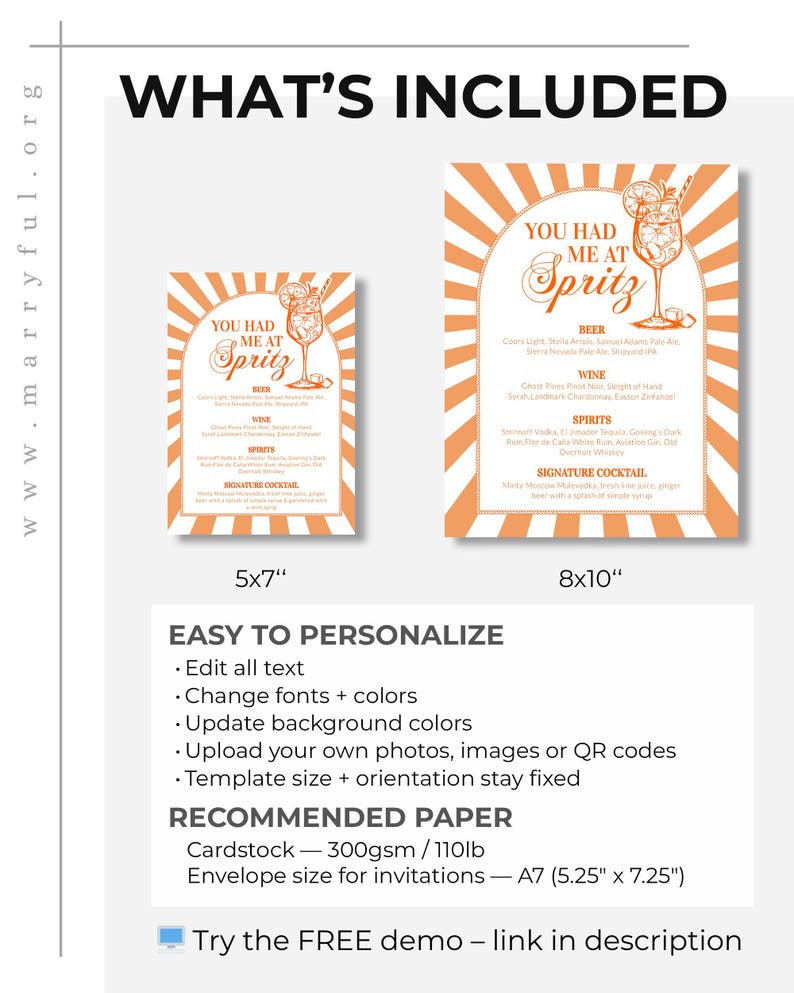 Italian Spritz Bar Menu, Citrus Cocktail Sign, Editable Printable Summer Party Decor Template 027AS-BAME imagem 3