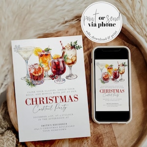 Könnte beinhalten: Eine Weihnachts-Cocktailparty-Einladung mit einer Aquarell-Illustration von fünf verschiedenen Cocktails. Der Einladungstext lautet: "Clink your glasses, jingle your bells, and mingle with joy at our Christmas Cocktail Party. December 21st, at 3 o'clock in the afternoon at Smith's Residence, 2844 S Christmas Boulevard, Your Hometown."
