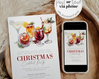 May include: A Christmas cocktail party invitation with a watercolor illustration of five different cocktails. The invitation text reads "Clink your glasses, jingle your bells, and mingle with joy at our Christmas Cocktail Party. December 21st, at 3 o'clock in the afternoon at Smith's Residence, 2844 S Christmas Boulevard, Your Hometown."
