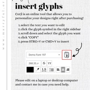 Op de afbeelding: Een screenshot van een computerscherm met instructies over het invoegen van glyphs in een ontwerp programma. De tekst luidt "how to insert glyphs" en bevat een lijst met stappen. De afbeelding toont ook een dropdown menu met de tekst "Demo Font 197" en een knop met de letter "a" erop.