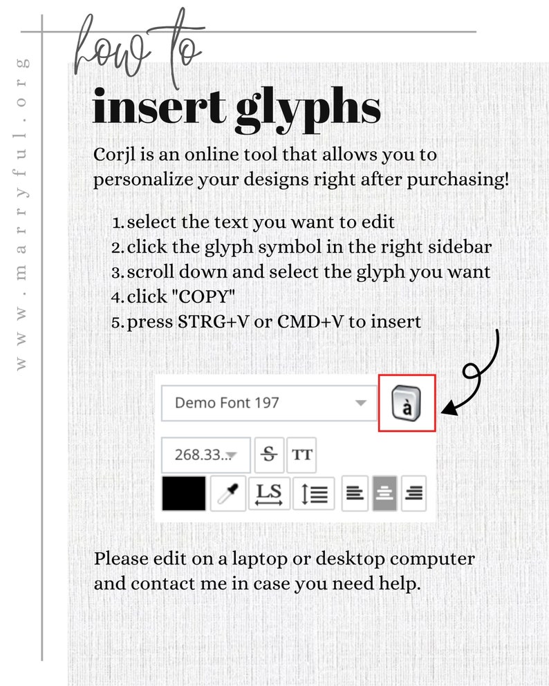 Op de afbeelding: Een screenshot van een computerscherm met instructies over het invoegen van glyphs in een ontwerp programma. De tekst luidt "how to insert glyphs" en bevat een lijst met stappen. De afbeelding toont ook een dropdown menu met de tekst "Demo Font 197" en een knop met de letter "a" erop.